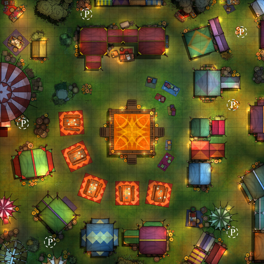 A gridded harvest carnival battle map with markers for the pumpkin cages.