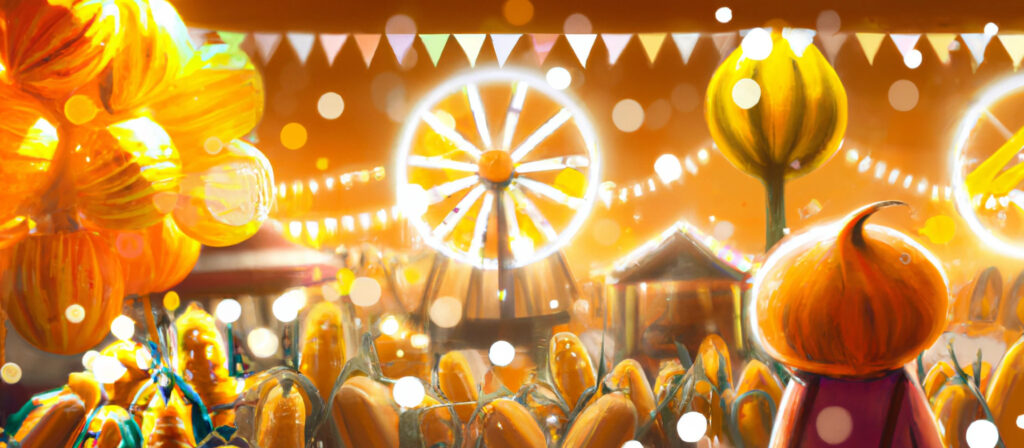 A boy standing before the autumn harvest carnival at dusk.