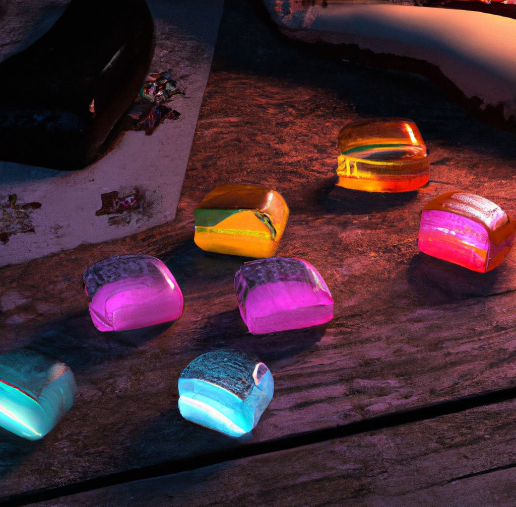 Colorful translucent candies scattered on a wooden table.