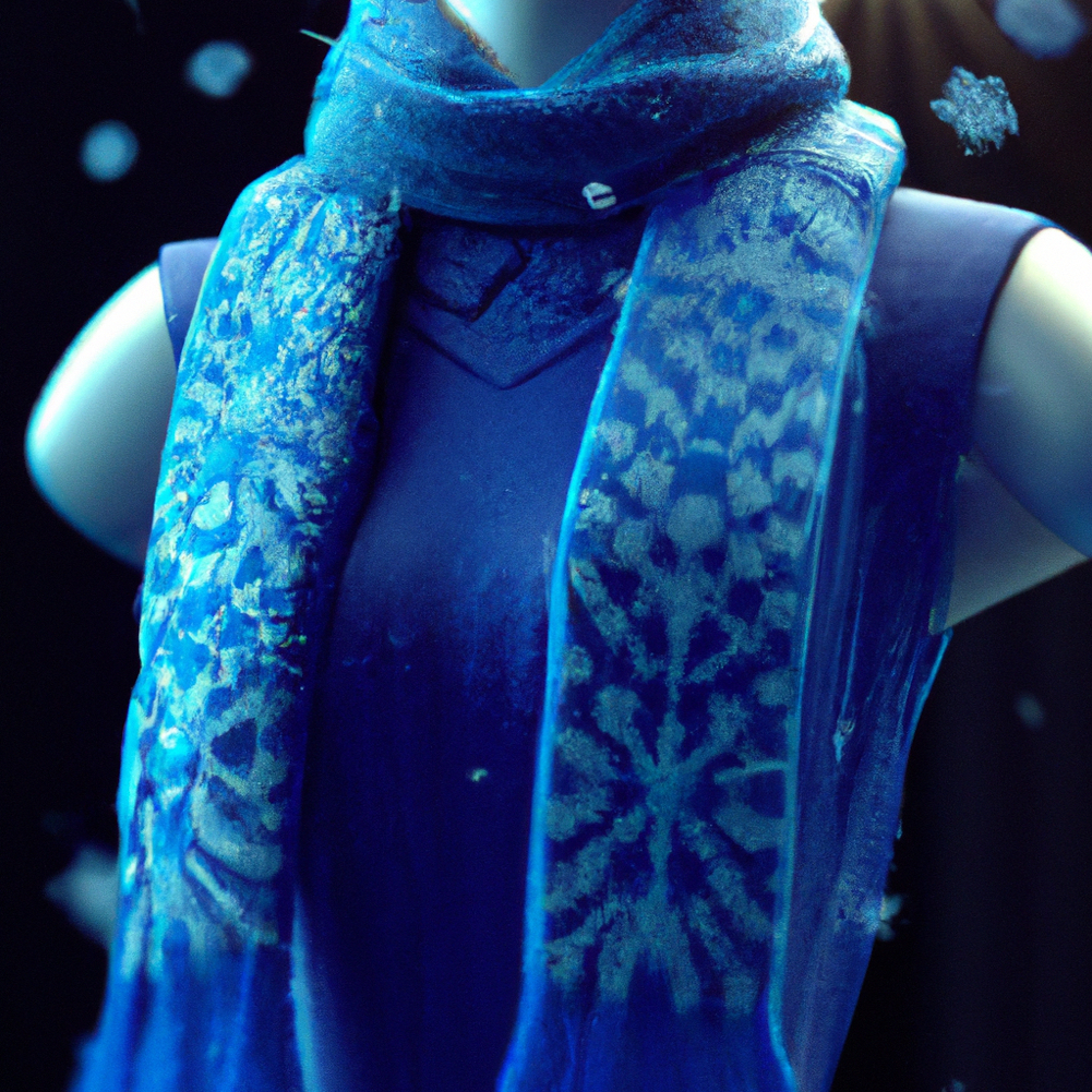 The Froststrike Scarf is a blue wool scarf with a snowflake pattern.